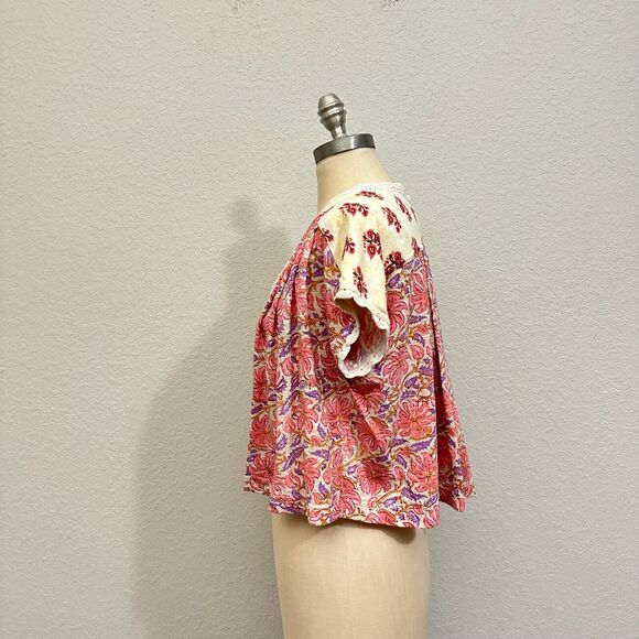FREE PEOPLE Leilani Cropped Tee Boxy Multi Floral Print Crochet Trim - Picture 5 of 11